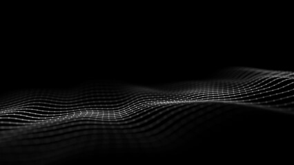 Abstract futuristic wave with moving dots and lines. Flow of particles. Cyber technology illustration. 3d rendering