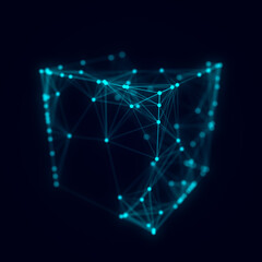 Abstract wireframe cube whith connection dots and lines. Digital blockchain concept and data transfer system. Storage cells of datas. 3d rendering