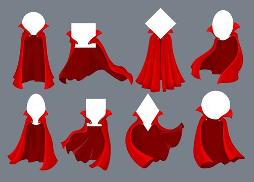 Hero and super hero, wizard and magician red capes and cloaks with collars and gold buttons. Vector cartoon mantles with flying flaps in the wind and blank white signs, isolated superhero costumes
