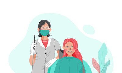 Vector flat illustration, a female dentist with a female patient.	