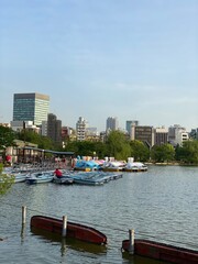 Ueno boat dock at the pond with evening sun light, downtown city view in the background.  Year 2022, spring April