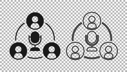 Black Meeting icon isolated on transparent background. Business team meeting, discussion concept, analysis, content strategy. Presentation conference. Vector
