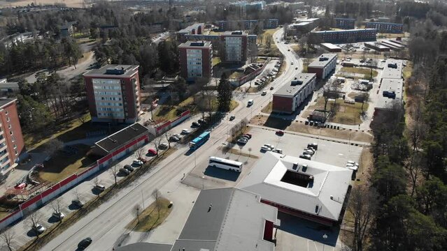 Kronogarden vulnerable suburb, Trollhattan, Sweden, aerial - establishing shot of Swedish city disctrict known for segregation, wide