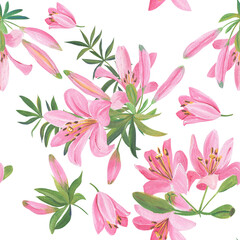 Seamless pattern of pink lilies