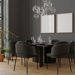 Wall mockup poster art in living room interior with black chairs and table. 3d render