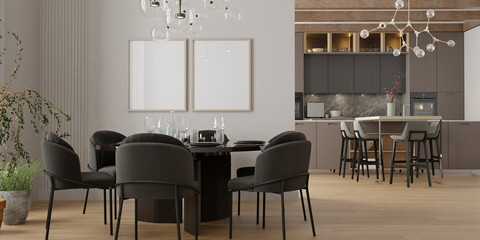 Wall mockup poster art in living room interior with black chairs and table. 3d render