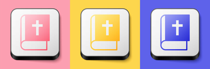Isometric Holy bible book icon isolated on pink, yellow and blue background. Square button. Vector
