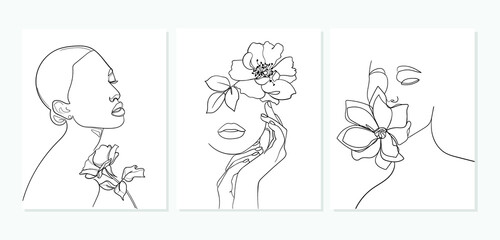Set of faces with flower. Abstract minimal portrait. - Vector illustration