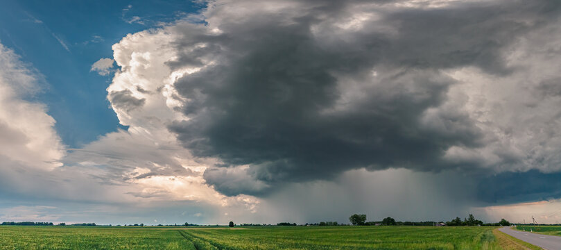 Green Thunder Storm Clouds Across The Fields, Summer, Lithuania