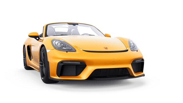 Paris, France. March 26, 2021: Porsche 718 Spider 2017 yellow sports car cabrio isolated on white background. 3d rendering, 3d illustration.