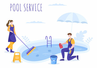 Swimming Pool Service Worker with Broom, Vacuum Cleaner or Net for Maintenance and Cleaning of Dirt in Flat Cartoon Illustration