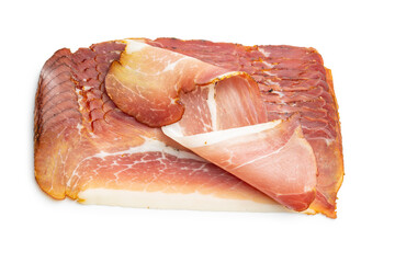 Sliced schwarzwald ham. Dried prosciutto ham isolated on white background.
