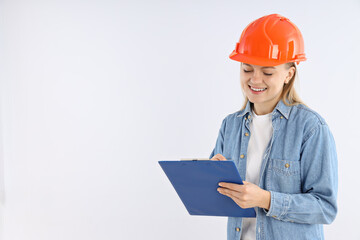 Concept of occupation, young woman on white background