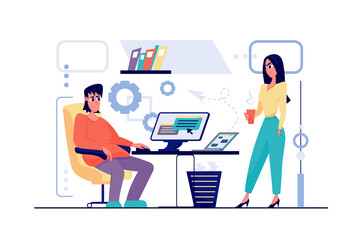 Freelance working concept in flat cartoon design. Man and woman perform work tasks from home, communicate with team online using computer or laptop. Vector illustration with people scene for web