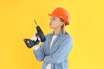 Concept of occupation, young woman on yellow background