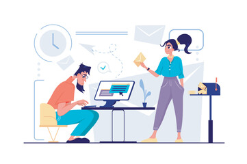 Email service concept in flat cartoon design. Man and woman send personal and business letters, making advertising mailing, messaging at app or program. Vector illustration with people scene for web