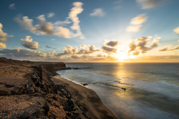 Sunset in Playa Escalera in Fuerteventura, Spain.