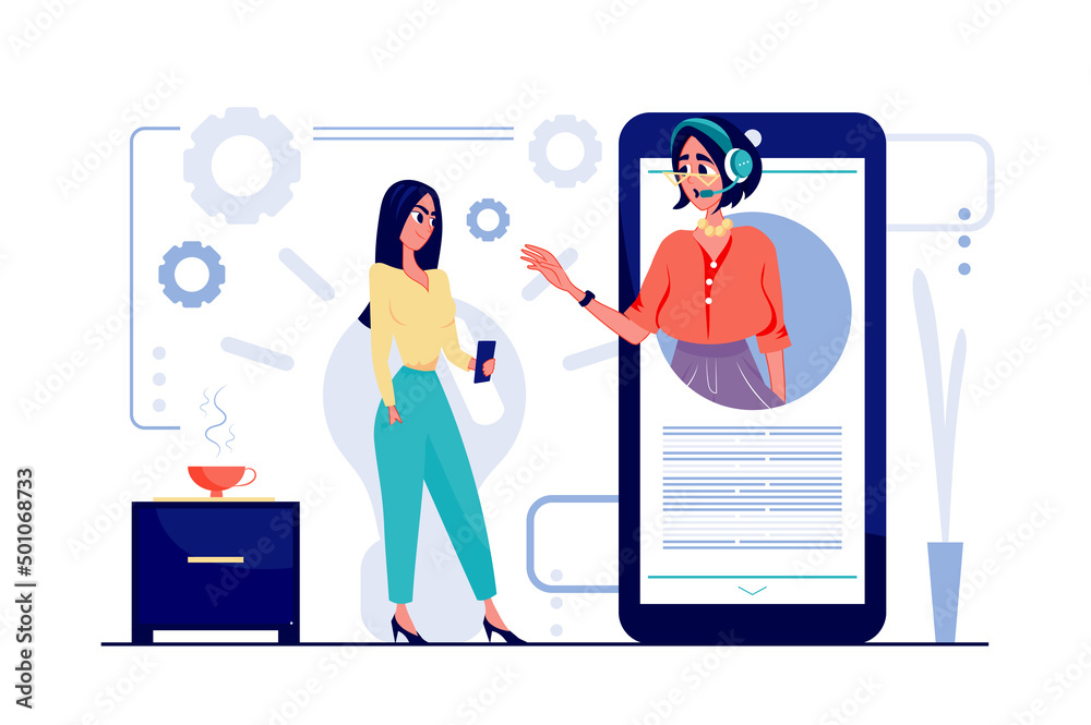 Poster Virtual assistant concept in flat cartoon design. Woman calling to support center to solve problem, operator consults client and answers questions. Vector illustration with people scene for web