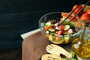 Concept of tasty food, salad with red orange, space for text