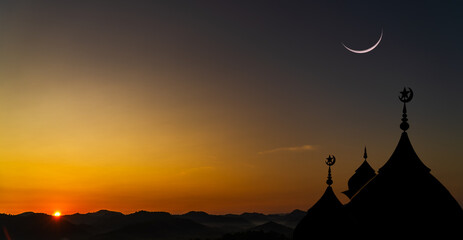 Mosques dome and crescent moon on dusk sky religion of Islamic and free space for text Ramadan, Eid...