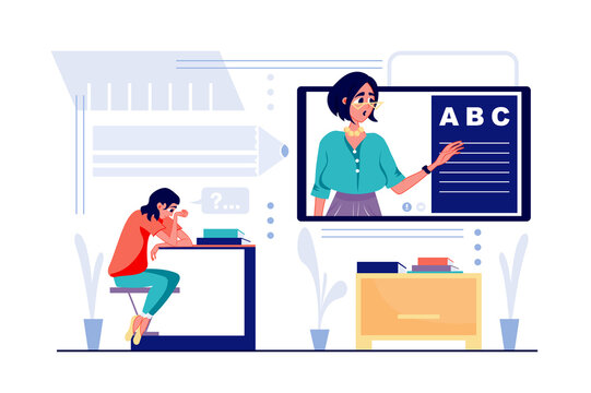 School children learning concept in flat cartoon design. Boy listens to teacher at lesson, studying in classroom. Distance learning and online education. Vector illustration with people scene for web