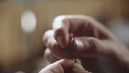 Close-up male hands thread a needle. Operational details at sewing and tailoring. Mans fingers use needle and thread with a blurred background.