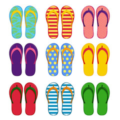 A set of beach flip-flops in different colors