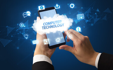 Hand using smartphone with cloud technology concept