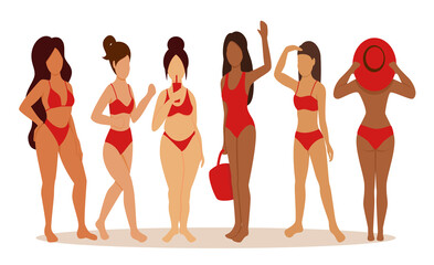 Girls, with different figures, in red swimsuits.