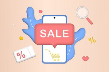 Online shopping on mobile smart phone. Big sale, special discount, social advertising. Mobile and digital marketing. 3D vector illustration for graphic element, sign, symbol. Minimalist style cartoon.