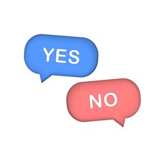 Yes or no speech bubbles. 3D survey reaction icon. Cancellation icons, confirmed of false rejection, accepted, decline, remove, clarification, question. 3D web vector illustration.