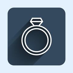 White line Diamond engagement ring icon isolated with long shadow background. Blue square button. Vector