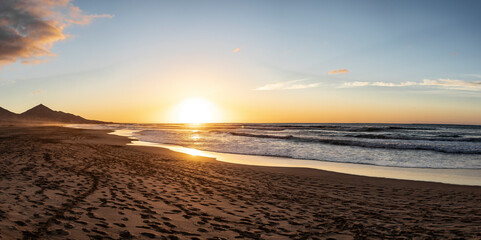 Cofete Beach at sunset in Fuerteventura, Spain.