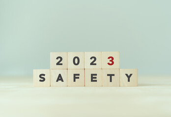 Work safety in 2023. Safety first, caution work hazards, danger surveillance, zero accident...