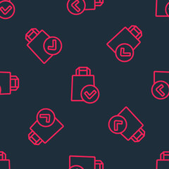 Red line Paper shopping bag icon isolated seamless pattern on black background. Package sign. Vector