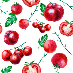 Illustration, watercolor vegetable pattern with tomatoes. Tomatoes and branches with tomatoes on a white background.