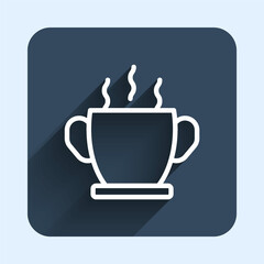 White line Bowl of hot soup icon isolated with long shadow background. Blue square button. Vector