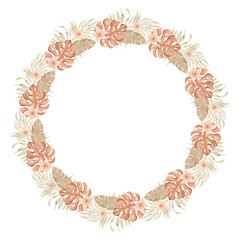 Watercolor boho tropical floral wreath. Dried palm and monstera leaf, flowers. Circle arrangement. Design element for Bohemian card making. Isolated on white background.