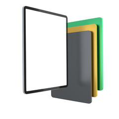 Set of computer tablets with cover case and blank screen isolated on white.