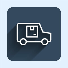 White line Delivery cargo truck vehicle icon isolated with long shadow background. Blue square button. Vector