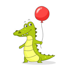 Cute cartoon crocodile holding a red ball. Vector character for invitations, greeting cards, T-shirts, cups, notebooks and much more.