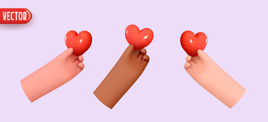 Set of Cartoon hands give hearts. Hands holding red hearts realistic 3d design. Emoticons for social media and mobile apps and game. vector illustration - obrazy, fototapety, plakaty