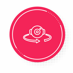 White line 360 degree view icon isolated on white background. Virtual reality. Angle 360 degree camera. Panorama photo. Red circle button. Vector