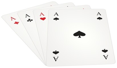 Ass Spielkarten Symbol Vektor Set. Perspektivische Ansicht liegender Karten in schwarz und rot. Herz, Kreuz, Pik und Karo Illustration. Weißer isolierter Hintergrund.