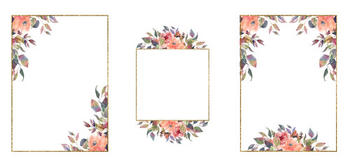 Watercolor clipart of blush flowers and leaves. Pink flowers and gold geometric frames. Set of festive wreaths and frames on a white background. For wedding invitation cards scrapbooking posters 