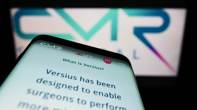 Stuttgart, Germany - 03-29-2022: Mobile phone with webpage of medical technology company CMR Surgical Ltd. on screen in front of business logo. Focus on top-left of phone display.