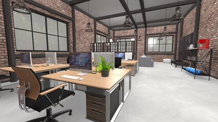 industrial hall with interior of a office