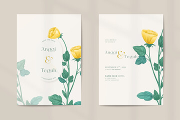 Double side modern wedding invitation template with vintage yellow flower watercolor ornaments