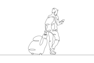 Obraz na płótnie Canvas One continuous line.A tourist with luggage is waiting for transport. Traveler with backpack and suitcase on vacation. Traveling man with luggage.One continuous line drawn isolated, white background.