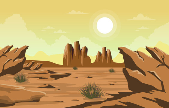 Bright Sun Western American Rock Cliff Vast Desert Landscape Illustration